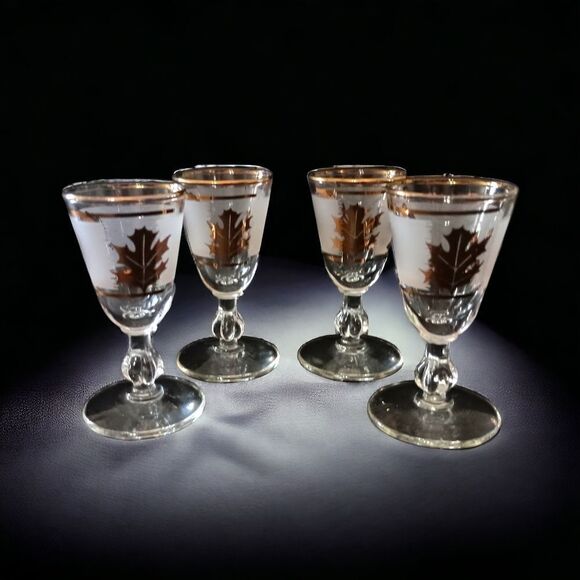 Libbey Golden Foliage Cordial Glasses Frosted Stemmed Gold Oak Leaf MCM Mad Men. - Picture 16 of 16